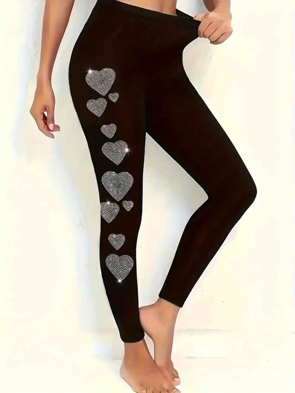 Black Rhinestone Heart Leggings - Women Pants